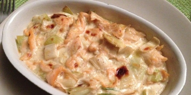 Un gratin poireau et saumon pour le soir